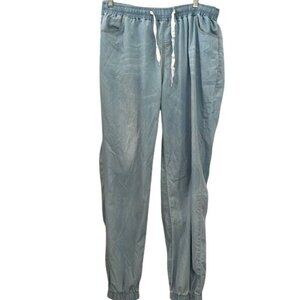 Womens 3XL Light Blue Denim Jogger Pants Elastic Waist & Cuffs Drawstring Closur